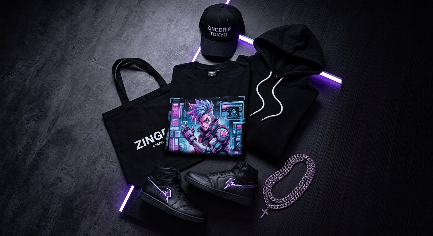 A styled flat-lay of streetwear merchandise on a dark textured surface, including a black ZING brand cap, black hoodie, black tote bag, black sneakers with purple accents, a silver chain necklace, and a black T-shirt with a colorful anime graphic print.